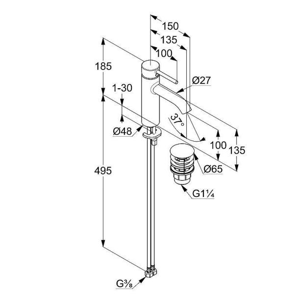 KLUDI BOZZ Смеситель для раковины 100 мм, с д/к, Brushed Gold