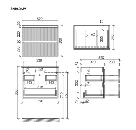 Sancos Тумба подвесная Snob R, два ящика, доводчики скрытого монтажа, 590х390х500, белый